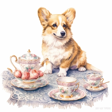 An adorable scene of a Corgi trying to sneak a biscuit off a royal tea tray, Clipart, watercolor, white background, intricate detail
