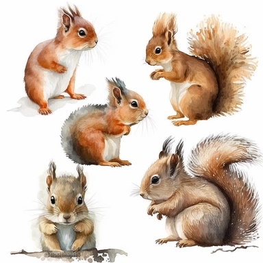 Woodland Animals Clipart Watercolor, cute baby squirrel, fluffy tail, detailed watercolor, white background