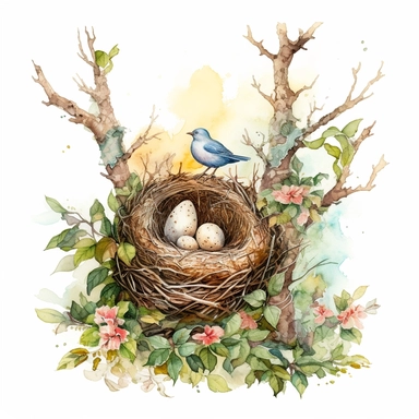 handprinted Watercolor tree and Bird Nests Clipart, flowers, and leaves, 3 eggs on the nest, and the bird sitting beside the nest. mother bird sitting beside of nest.