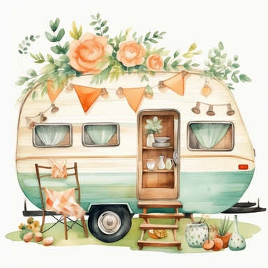 cute watercolor vintage camper clip art, woodland background