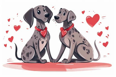 Cute Great Danes dog in Valentine’s Day theme clipart, cartoon, white background,