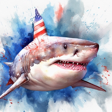 closeups shot, low angle, watercolor style, Great white shark, patriotic pattern, Stars and Stripes, red, white, blue, hyper-realistic animal illustrations, 2d game art, quadratura, clipart, on white background,