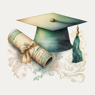 grad scroll next to grad cap with tassle watercolor clipart white background, no caption