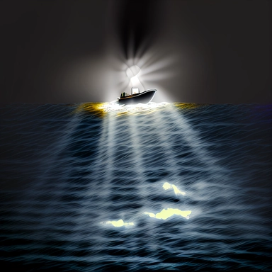 stormy, light from a flashlight from a boat at a distance, at sea, clipart
