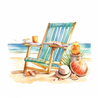 Watercolor, hyper realistic, white background, white margins, 16k, ultra detailed clipart, cut out image, hand - drawn, whimsical manhwa style, ultra HD, sharp and clean art a beach chair, straw hat, seashells, beach bag, tropical drink, and a good book, all set against a serene beach backdrop with gentle waves.