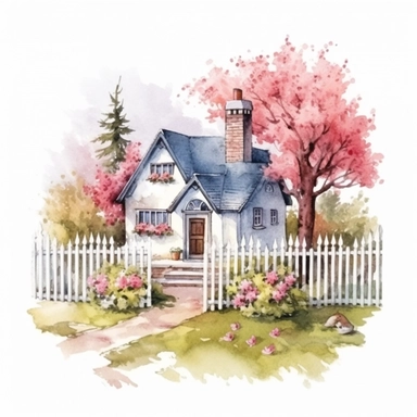 clipart, isolated on white background, beautiful cute Watercolor Spring Cottage - cute little house with fence and chimney, tree and flowers, ornated, pastel colors