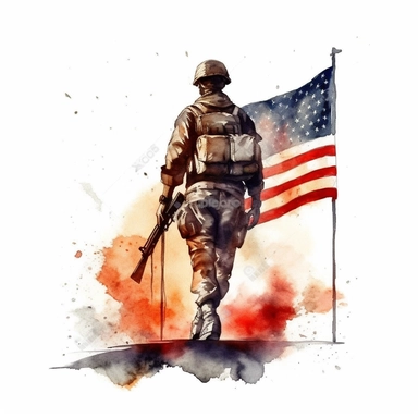 Watercolor Drawing Detailed Clipart of Depicting the soldier silhouette standing on a battlefield with the American flag waving in the background. This theme symbolizes the sacrifices made by soldiers in the line of duty. White background