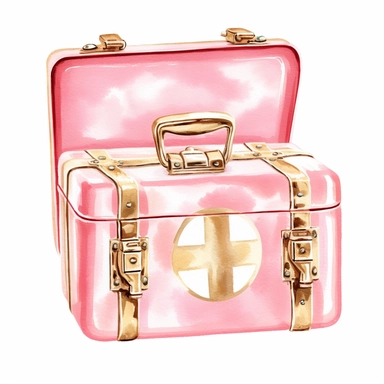 sweet pink and gold hand-painted in watercolors, first aid kit clipart, first aid suupply, isolated white background, single design, sharp, bold , sweet pink, cream, gold, hand-painted watercolor
