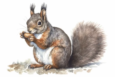 A highly detailed watercolor clipart of an isolated squirrel, by Laura Harris, watercolor specialist, realistic texture, detailed brushwork, high-resolution 300 dpi, nature-inspired art, intricate artwork, fine art quality, animal portrait, botanical art, isolated on white