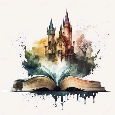 Clipart, Mythical Watercolor Castle Emerging from an Open Book, no background, hd
