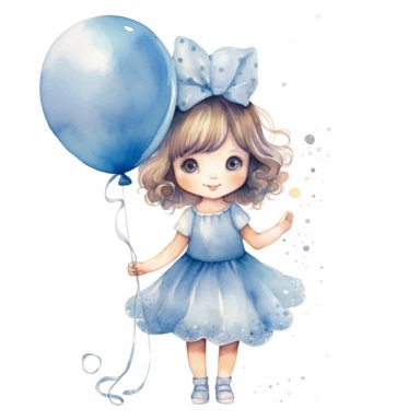 watercolor little princess clipart, blue tone colors, big eyes, smiling, lovely, adorable, wearing crown, holding a baloon, full body, on white background