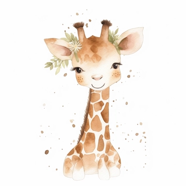 Whimsical boohoo light brown party safari animal clipart,giraffe,happy anime,cute baby giraffe , white background 2:3