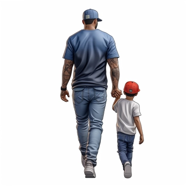 a biracial superhero man with a mesh trucker cap and blue jeans holding the hand of a little boy and walking away from the camera in the style of hyper-realistic digital airbrushing, sticker, clipart, vector, contour, white background