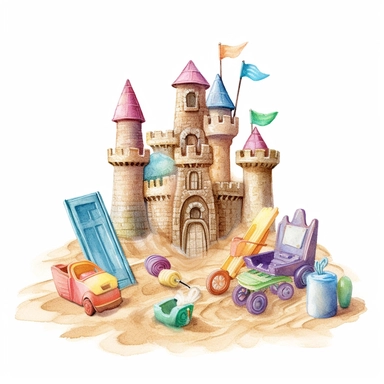 Highly Detailed image of watercolor style clip art style staged sand castles with beach toys and additional accessories on a white background