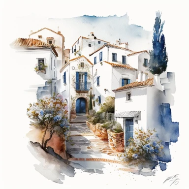 beautiful watercolor clipart of white houses on a cobbled street in a French hillside village near the Mediterranean sea, warm summer hues with blue and white, compositions on an isolated white background. Bright landscapes illustrations, highly detailed
