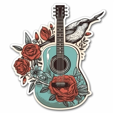 sticker cutout, vector, white background, Use hand-drawn illustrations, aqua, red, Bohemian, swallow bird, acoustic guitar, dandelion, clipart
