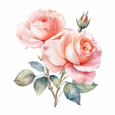 Watercolor drawing vintage blush roses flower, watercolor floral clipart, white background, isolated on white, 8k, watercolor style