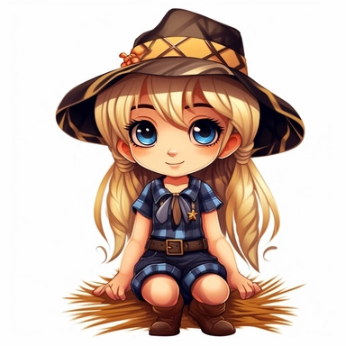 little blonde cute girl , braids in her hair, ribbons, smiling, beautiful festa junina dress plaid, hugh eyes, straw hat on her head, boots, embarressed with black outline, sneakers, clipart, chibi, big hugh eyes,