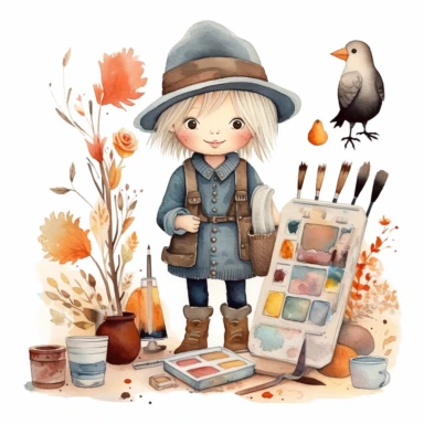 instagram influencer pilgrim, folk art, watercolor, clipart elements, kawaii, white background, dustin nguyen