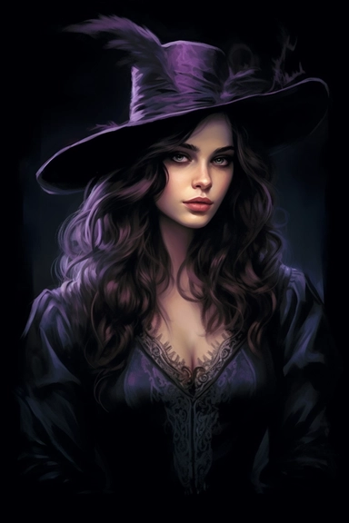 A witch wearing a witch hat, in the style of charlie bowater, victorian era themes, wimmelbilder, rtx on, camille - pierre pambu bodo, dark purple, dark bronze and white, gianni strino, clipart, white background,