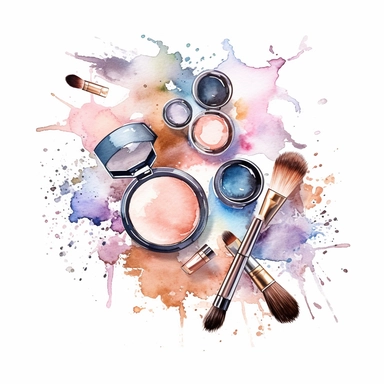 Beauty cosmetic watercolor clipart with soft colors on a white background, featuring a range of makeup items such as lipstick, eyeshadow palette, mascara, and makeup brushes, executed in a delicate watercolor style with pastel hues,