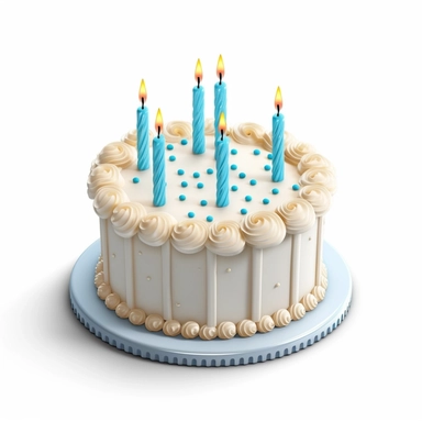 Create a high-quality clipart image of a perfectly frosted vanilla birthday cake with small-sized symmetric candles. Show a round cake with smooth vanilla buttercream frosting, meticulously decorated with small and symmetrically arranged candles.