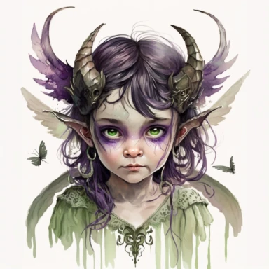 boho little girl, big eyes, maleficent, green glowing eyes, horns and wings, shades of purple clothing, very detailed and realistic, half body, watercolor, white background with margins, clipart style,
