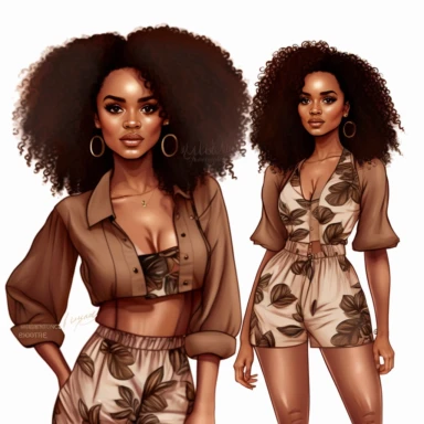 stunningly beautiful full body afican american woman clipart with voluminous curly hair wearing a fashion nova outfit??, fashionable, isolated design, clipart image inspired by Hui Mu
