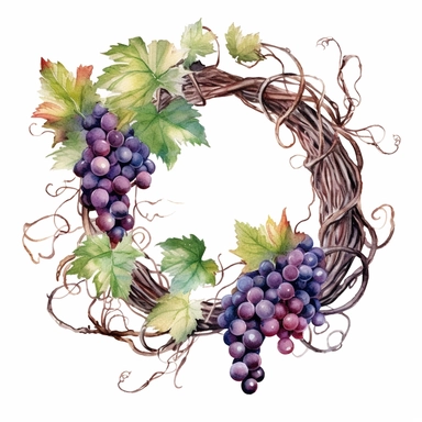 watercolor ultra realistic and hyper detailed illustration of a Grapevine wreath with intertwined branches, clipart, white background