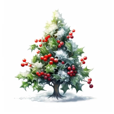 small Christmas tree clipart, made of holly, berries and snowballs