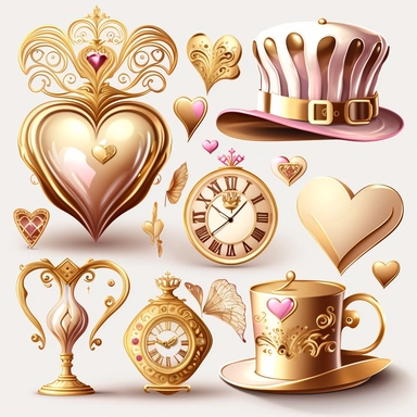 collection of hat , teapot,book, teacup, hearts cards, big crazy hat, gold melting clock , hourglass, queen of hearts , hearts paying cards vector clipart gold and light pink on white background