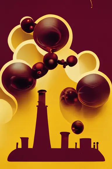 chemical industry in maroon and gold silhouette, factory, chemical bonds, scientific, 2D, clipart, icons, insane details, intricate, 35mm