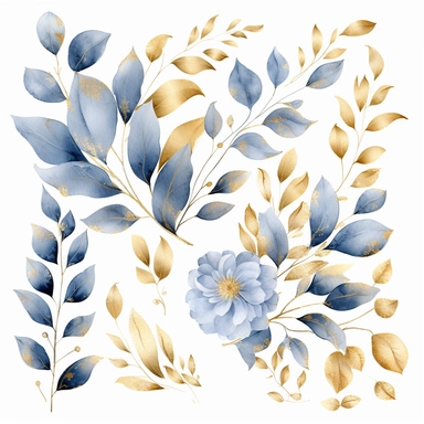 watercolor dusty blue and gold floral leaves clipart for wedding invitation card, hd, detailed, pastel color, clean line, on white background, spaced out
