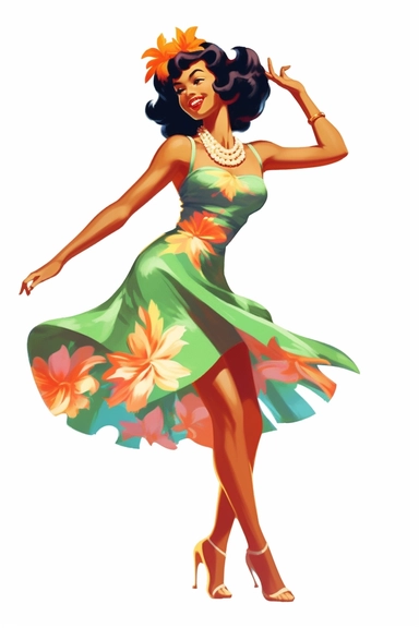 a woman hawaiian doing a luau on a beach, retro cartoon, drawing clipart, Tropical Sublimation, Coconut Girl, Hibiscus, white background
