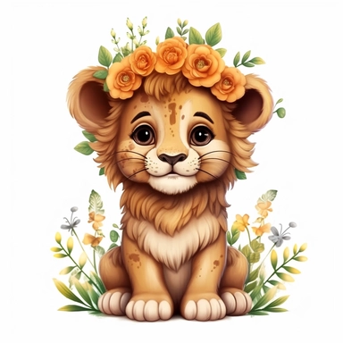 cute baby lion with a smile on its face and flowers, soft color, HD, cartoon image, on white background, glowing eyes Clipart,Cartoon, hyper realistic, intricate detail, illustration style,high solution,on the white background