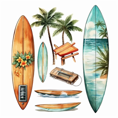 Hawaii summar holiday surfing board watercolor clipart