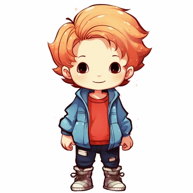 cute little boy, sneaker, cartoon, clipart , denim and red clothes,