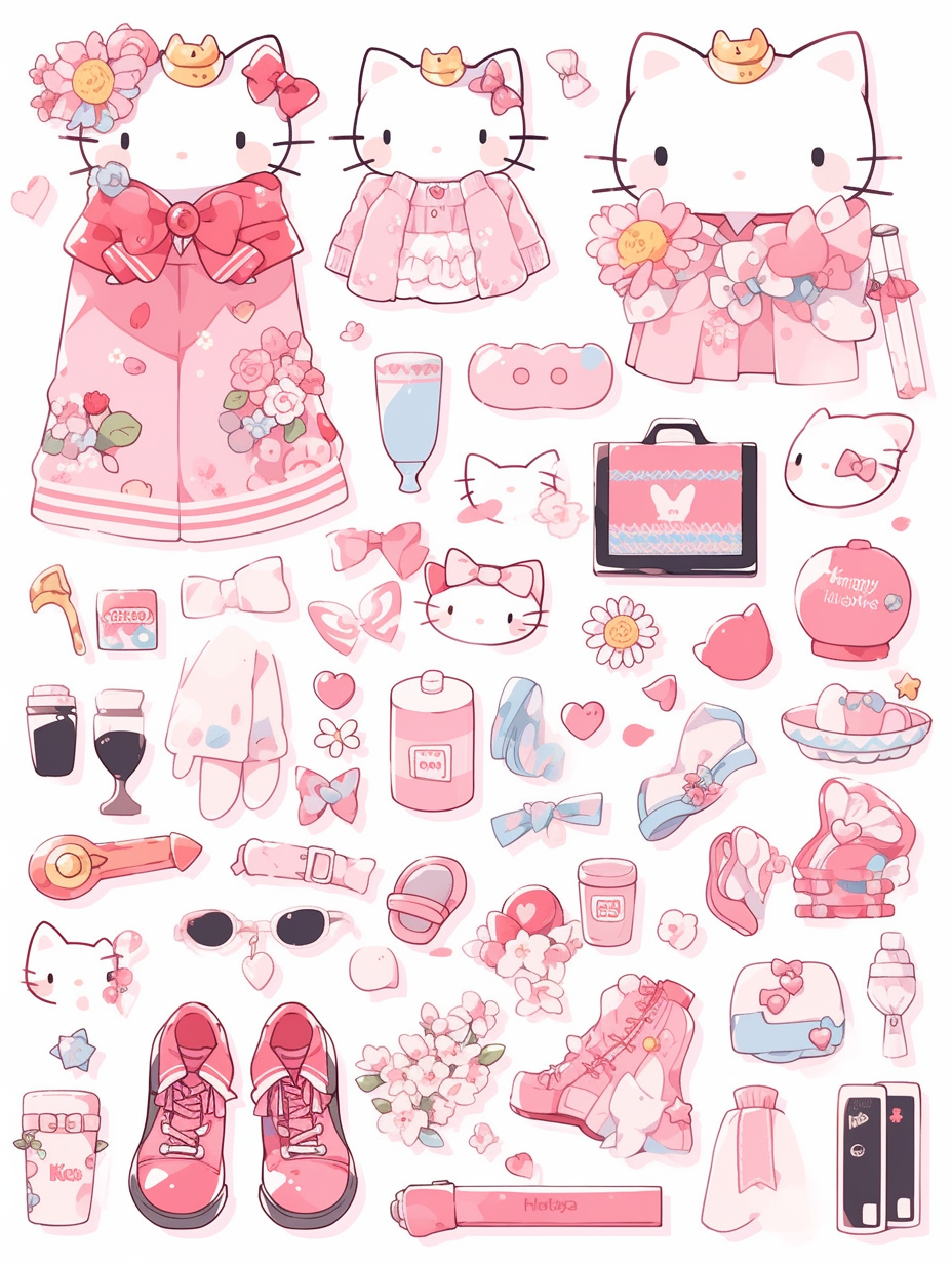 Stickers, Clipart, Full body display, Knolling layout, HelloKitty ...