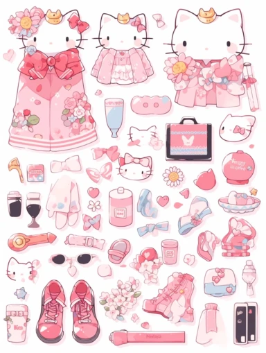 Stickers, Clipart, Full body display, Knolling layout, HelloKitty themed, accessories neatly placed in equal proportion, larger spacing, lots of Jovely elements, pocket sticker, stationery set, vector stickers, high detail, charater sheet, Planner Stickers, Bright Colors, Hand Drawn Artwork, Watercolor Design, single design, 8k, white background