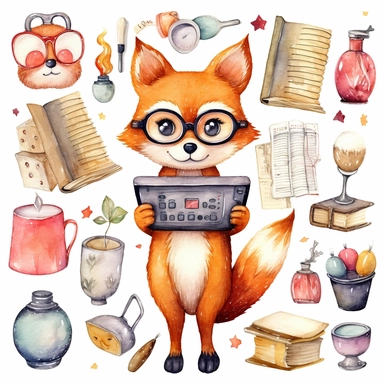 Back to School watercolor clipart, kawaii cute student animals, Fox teacher, animals graphics, School stationery png, School Supplies Clip art , natural color , white background