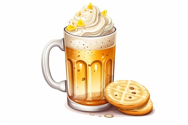 Sugar cookie beer pint with foam shape and yellow shiny glazing sweet dessert white illustration cookie decoration pub beverage white background food illustration clipart.