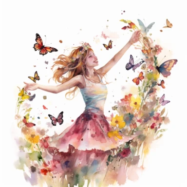 watercolor, hyper realistic, white background, white margins, 16k, ultra detailed clipart, cut out image, hand-drawn a lady with a flower crown, twirling in a meadow as butterflies flutter around her in a whimsical dance. Use a color scheme inspired by the vibrant colors of a summer meadow, combining shades of pink, purple, yellow, and green