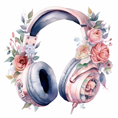 ! Watercolour rose gold and pastel detailed 3d gaming headset, surrounded by beautiful roses and Swarovski crystals and diamonds, svg clipart style, solid white background, clipart element, clipart style highly detailed beautiful