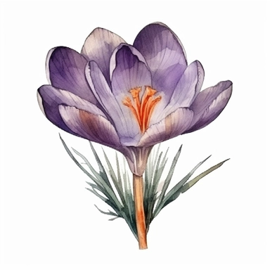 crocus flower in full lenght with leaves in watercolor clipart style, white backgorund