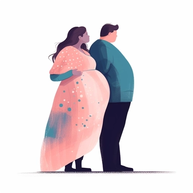 pastel colors vector full view image of faceless trendy heavily pregnant woman side view with fat man belly touching together, illustration clipart, white background