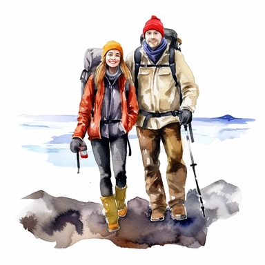 iceland, travel girl and man, watercolor clipart white background
