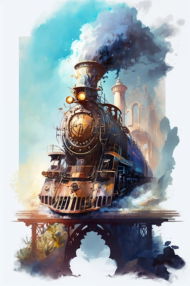 locomotive, fantasy, bridge, cover,in the style of Salvador Dali,,book illustration style, by Digital-Vector-Illustration Jordan-Grimmer-Concept-Painting, watercolor clipart, hyperdetailed painting, beautiful scene, flat colors, 50mm, f1.4