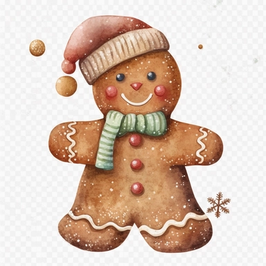 clipart, solid watercolor, realistic, detailed, isolated white background. Gingerbread Man with christmas hat Clipart on white background