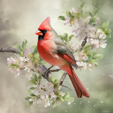 Red Cardinal on a branch of a blossoming apple tree clipart, vintage illustration, scrapbooking page, soft faded colors, , watercolor painting, hyperrealistic, well rendered, old faded light colors, very vibrant, cinematic, intricate, by Thomas Kinkade