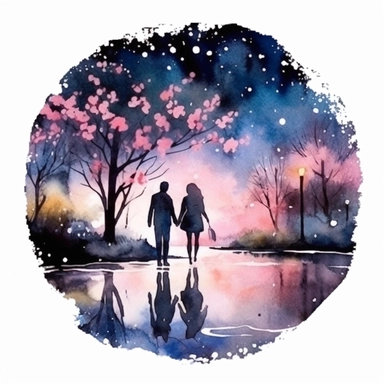 Watercolor, A couple by the river in bloom, night,clipart on black background